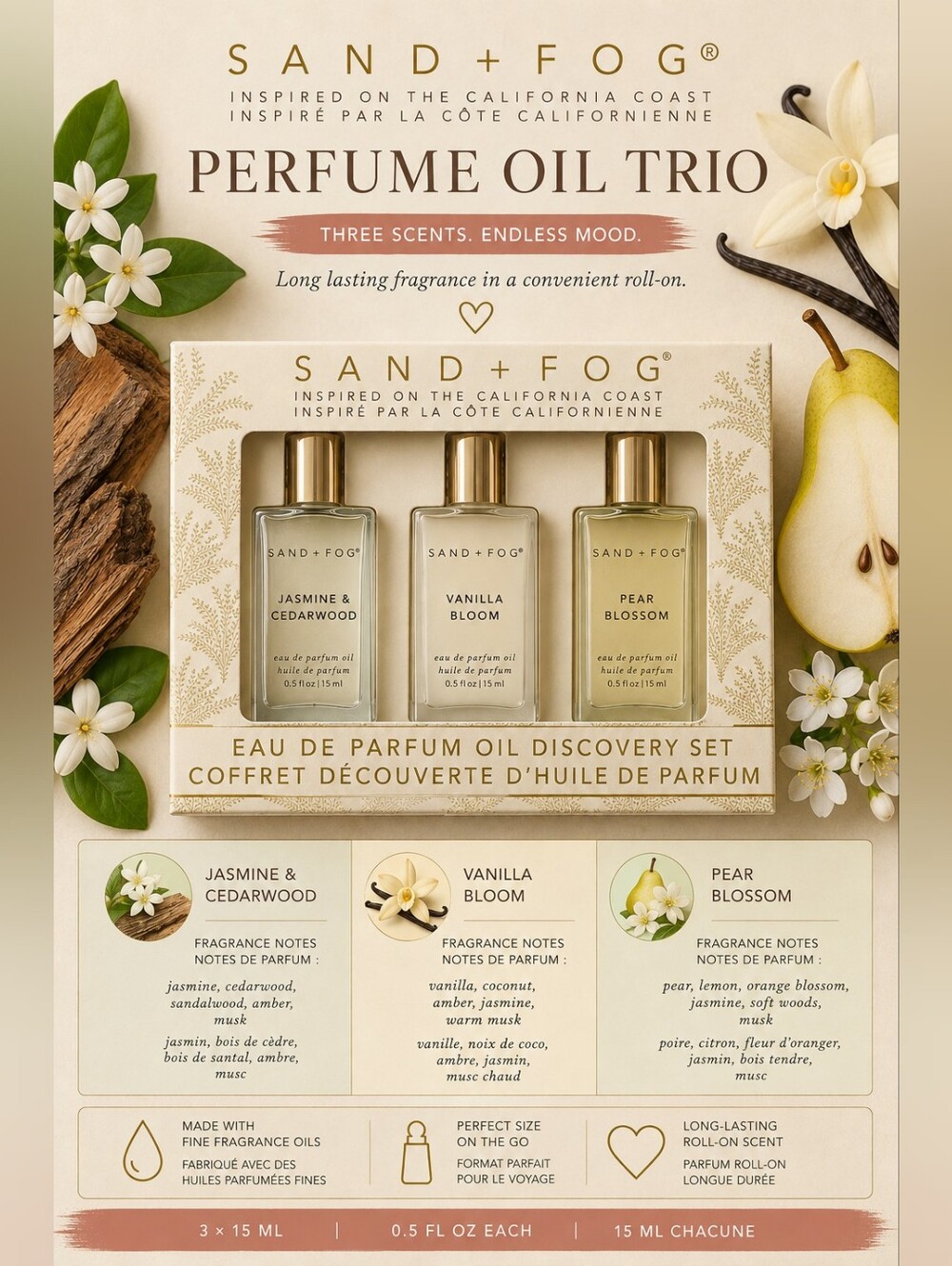 Sand + Fog Perfume Oil Trio - Vanilla Bloom,Jasmine &Cedarwood, Pear Blossom 15